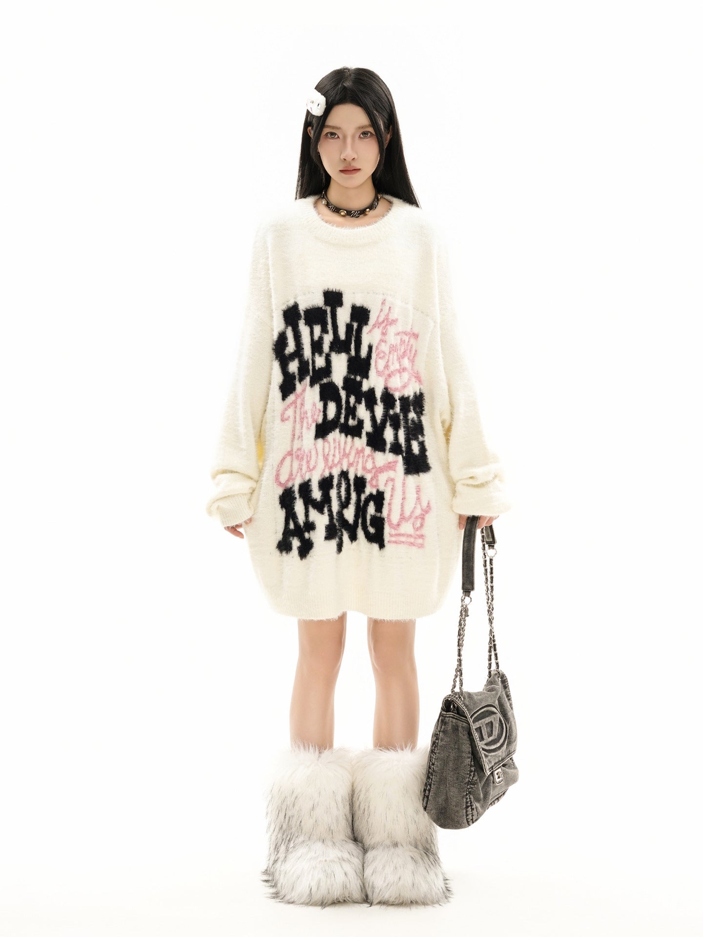 Pull oversize en maille jacquard à lettrage – Hell Is Empty, motif graffiti