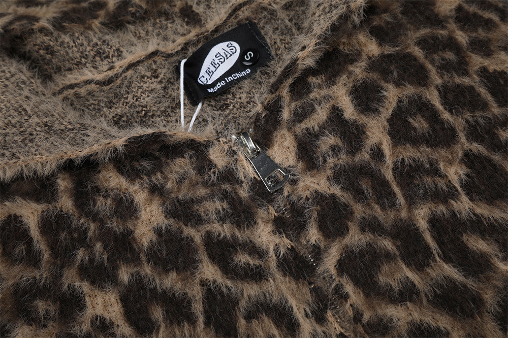 Gilet cardigan zippé intégral en maille duveteuse léopard – Coupe décontractée pour homme