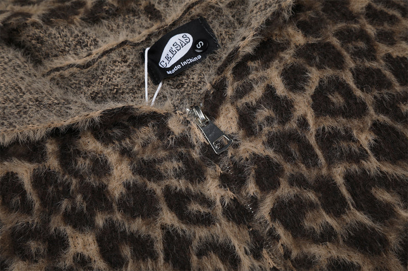 Gilet cardigan zippé intégral en maille duveteuse léopard – Coupe décontractée pour homme