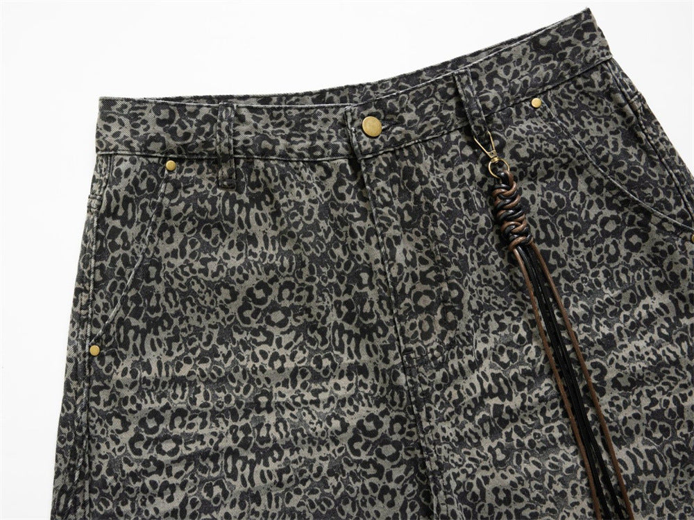 Leopard Print Wide-Leg Jeans – Vintage Washed Oversized Baggy Denim Pants