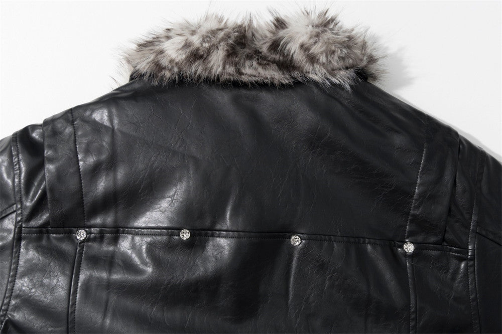Chaqueta de piel sintética PU negra para hombre con cuello y borde de pelo sintético