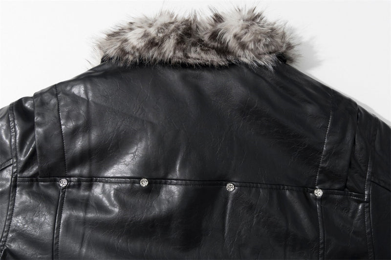 Chaqueta de piel sintética PU negra para hombre con cuello y borde de pelo sintético