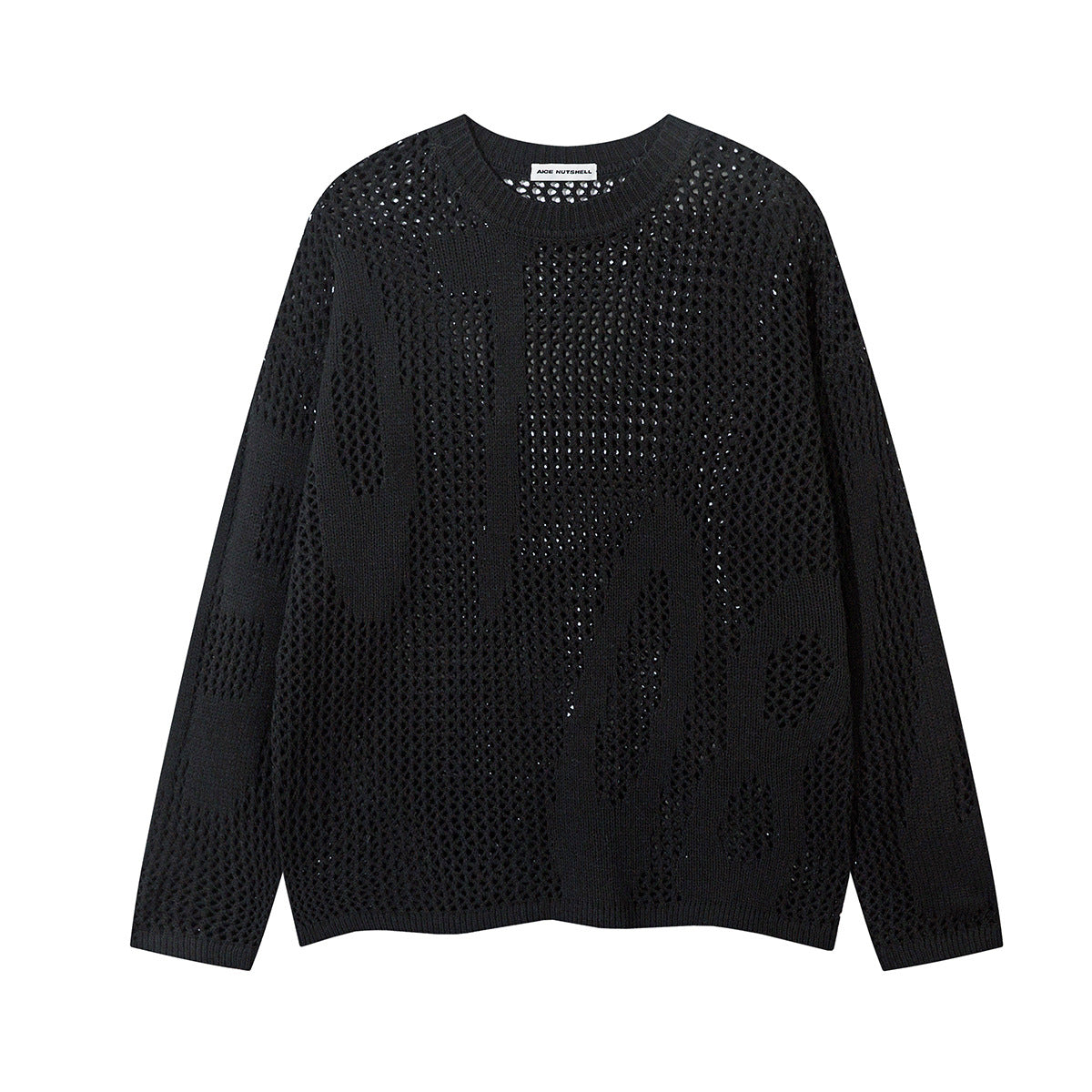 Beige Crew Neck Sweater Open-Knit Mesh Oversized Pullover