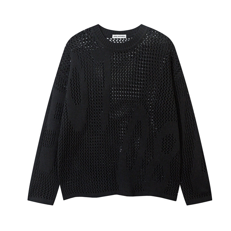 Beige Crew Neck Sweater Open-Knit Mesh Oversized Pullover