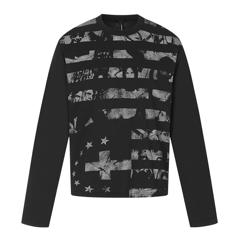 Men's Long Sleeve Graphic Tee – Black Stripe & Star Print Crew Neck