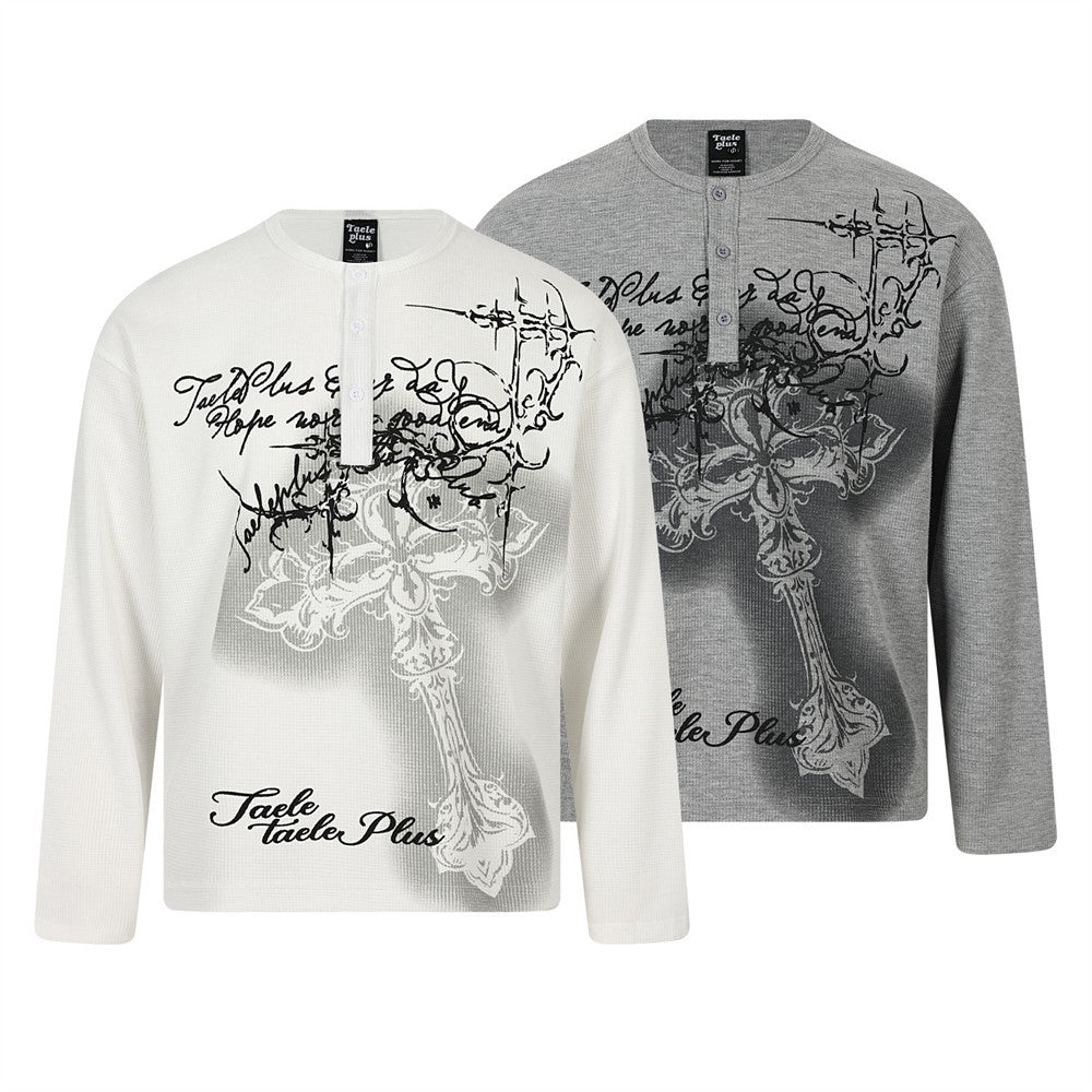 Oversized gothic cross graphic waffle knit Henley long sleeve shirt in white and grey