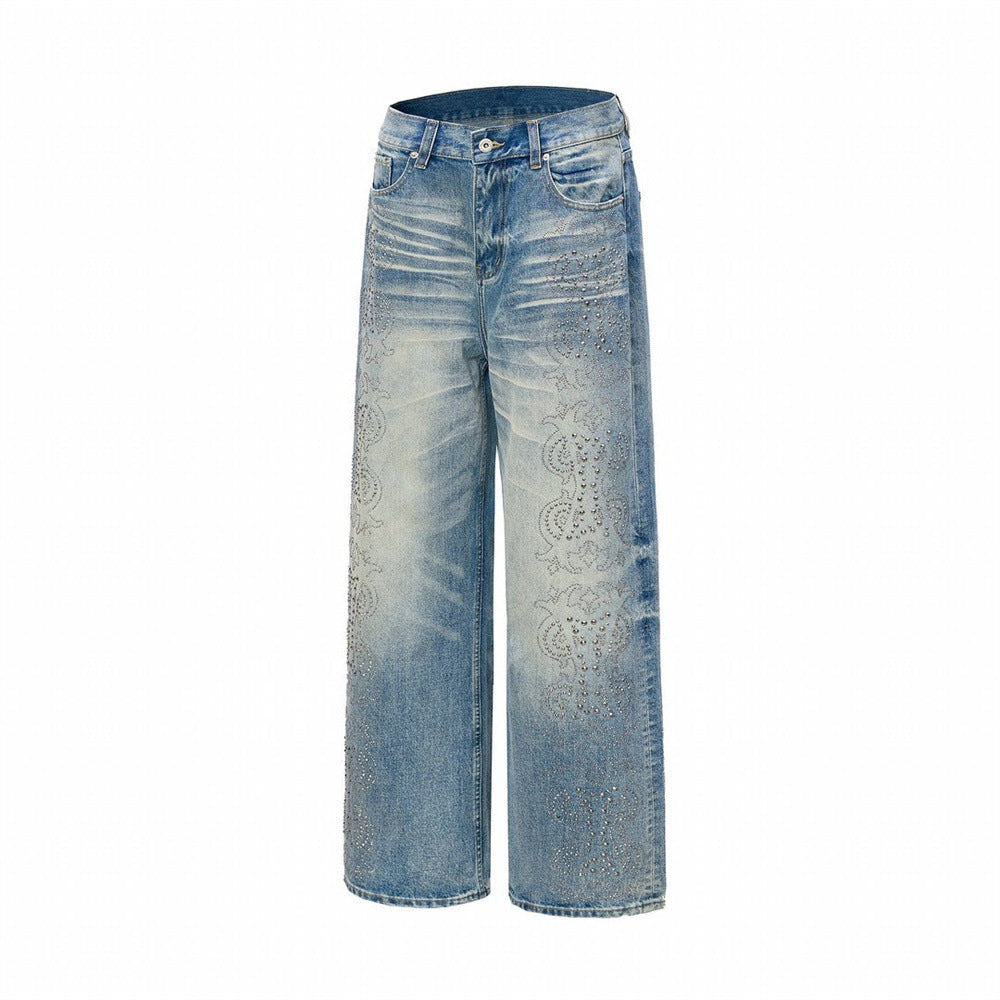 Jean vintage délavé à jambes larges pour homme avec motif cachemire en strass