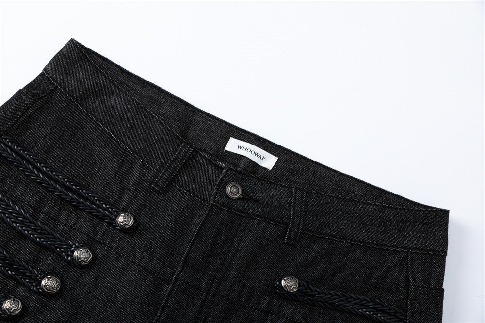 Men's Black Wide-Leg Jeans with Double-Breasted Buttons & Braided Detail