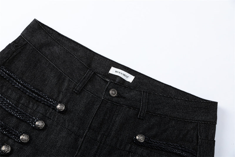 Men's Black Wide-Leg Jeans with Double-Breasted Buttons & Braided Detail