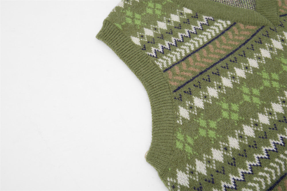 V-Neck Sweater Vest Fair Isle Jacquard Knit Sleeveless Pullover