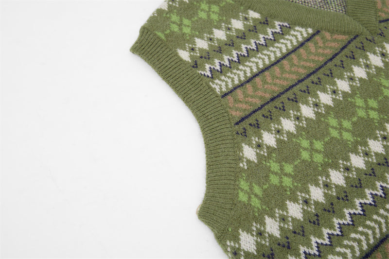 V-Neck Sweater Vest Fair Isle Jacquard Knit Sleeveless Pullover