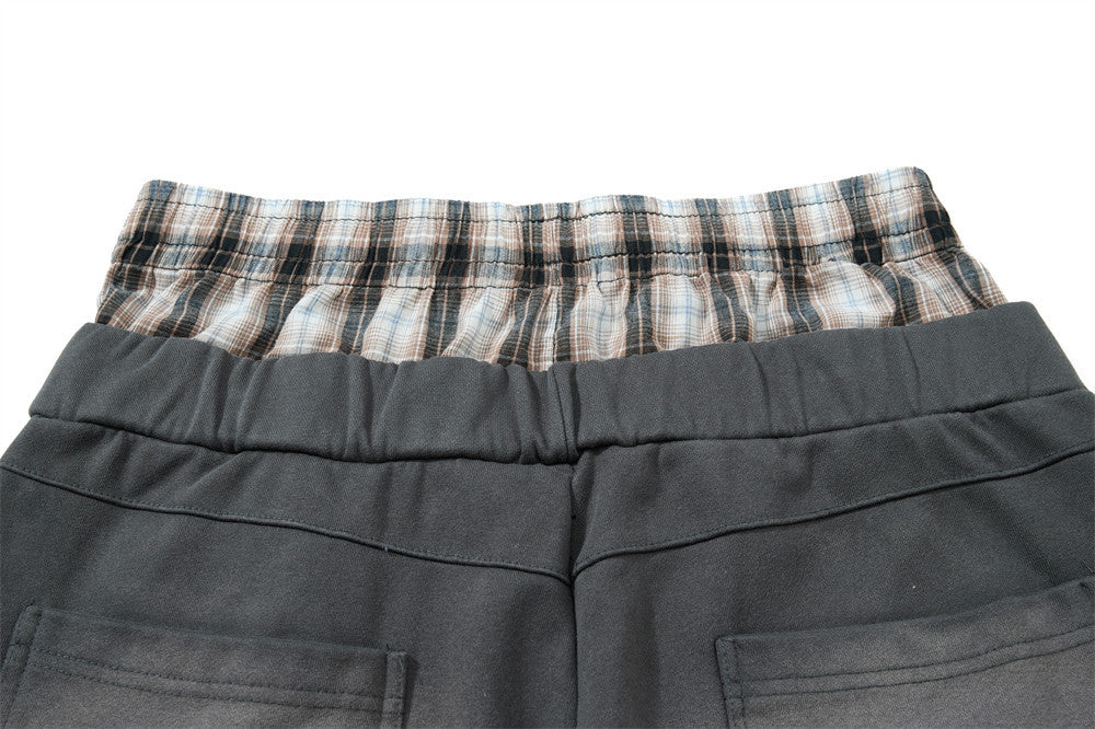 Faux Two-Piece Plaid Waistband Wide Leg Sweatpants with Leopard Print