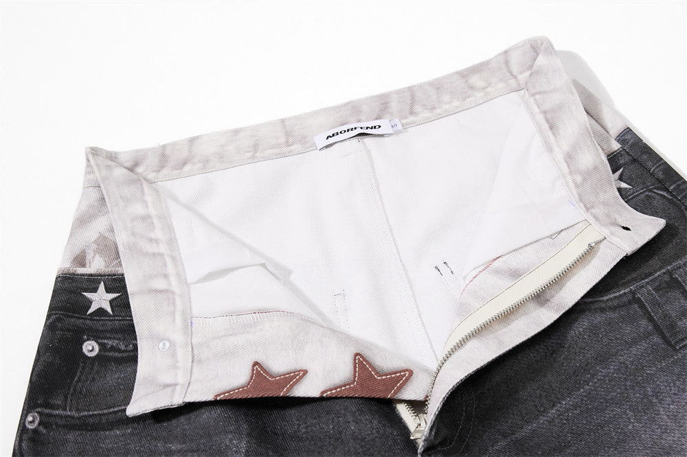 Wide-Leg Distressed Jeans with Faux Double Waistband & Star Detail