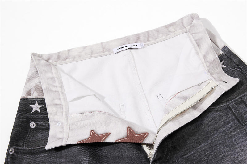 Wide-Leg Distressed Jeans with Faux Double Waistband & Star Detail