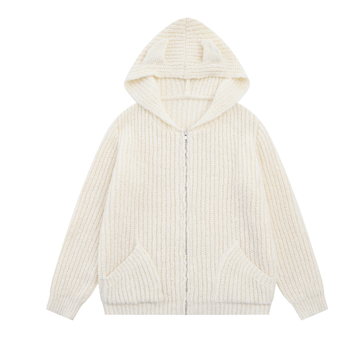 Sweater Zip Up Hoodie Bear Ear Knit Cardigan with Front Pockets