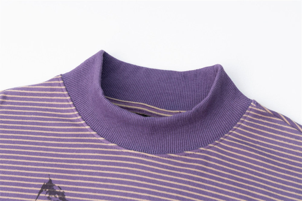 Men's Striped Mock Neck Long Sleeve Tee with Cat Graphic Print