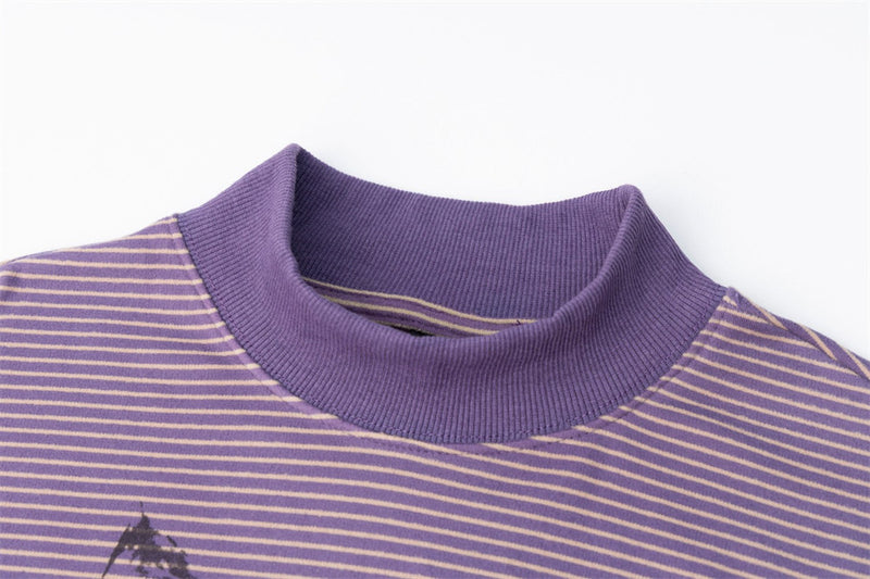 Men's Striped Mock Neck Long Sleeve Tee with Cat Graphic Print