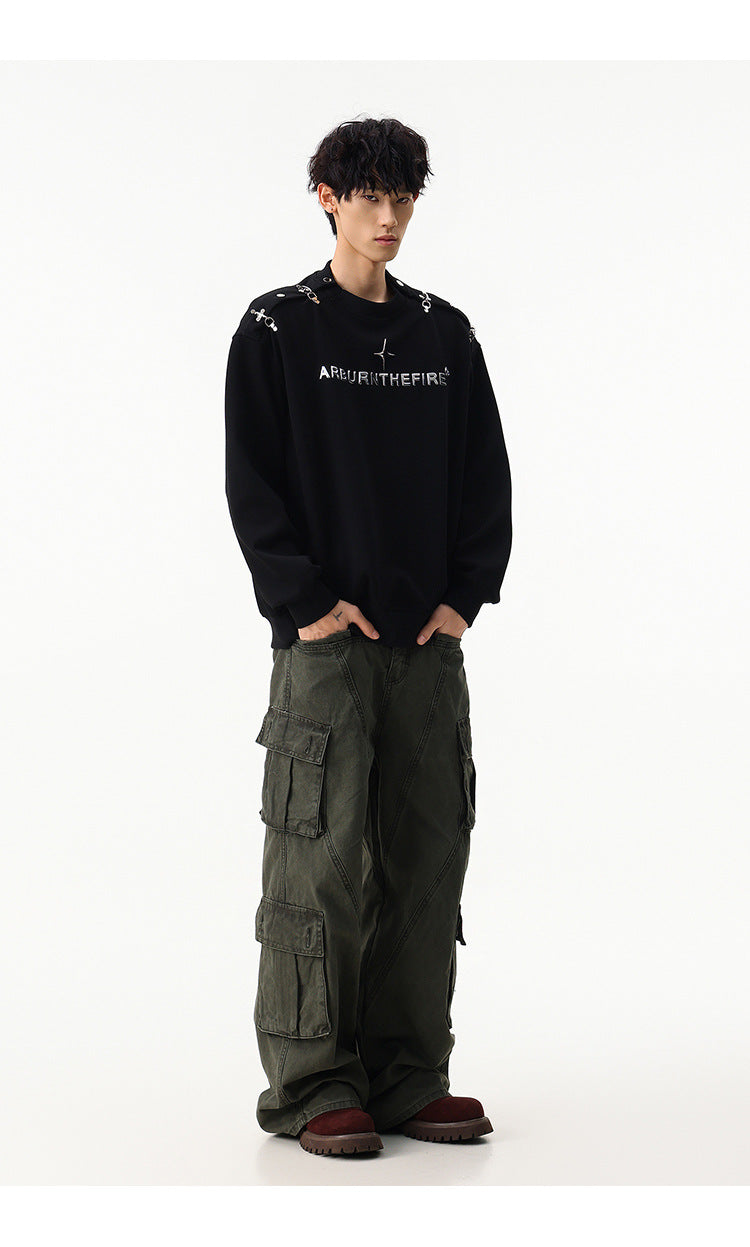 Sweat-shirt punk streetwear à col rond avec anneaux métalliques sur les épaules