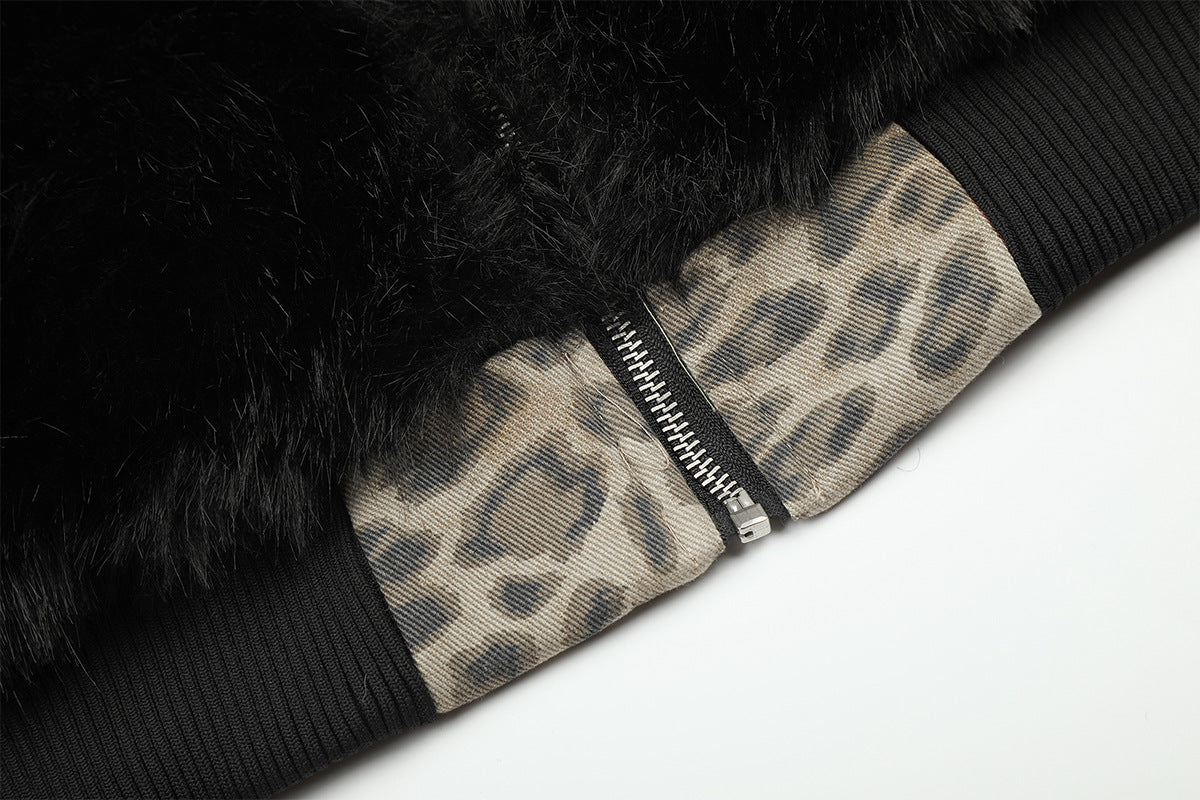 Reversible Faux Fur & Leopard Print Bomber Jacket – Oversized Retro American