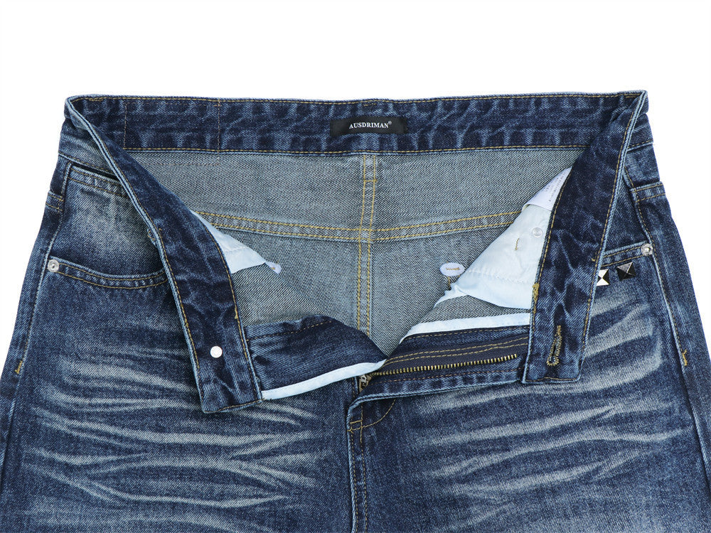 Men's Wide-Leg Jeans – Washed Dark Blue Denim with Stud Trim & Wavy Whisker