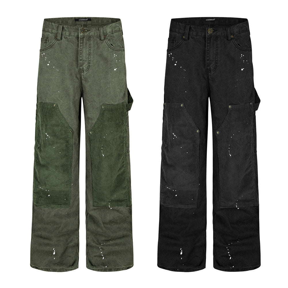 Weite Cord-Carpenterhose für Herren mit Patchwork-Design und weißen Farbspritzern in verwaschenem Schwarz und Moosgrün