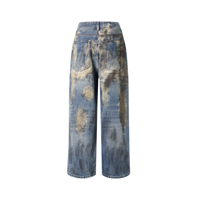 Wide-Leg Distressed Jeans – Dirty Wash Tie-Dye Ripped Denim, Relaxed Fit