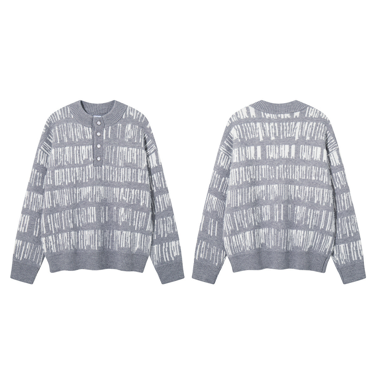 Abstract Stripe Jacquard Knit Sweater – Henley Neck, Oversized Fit