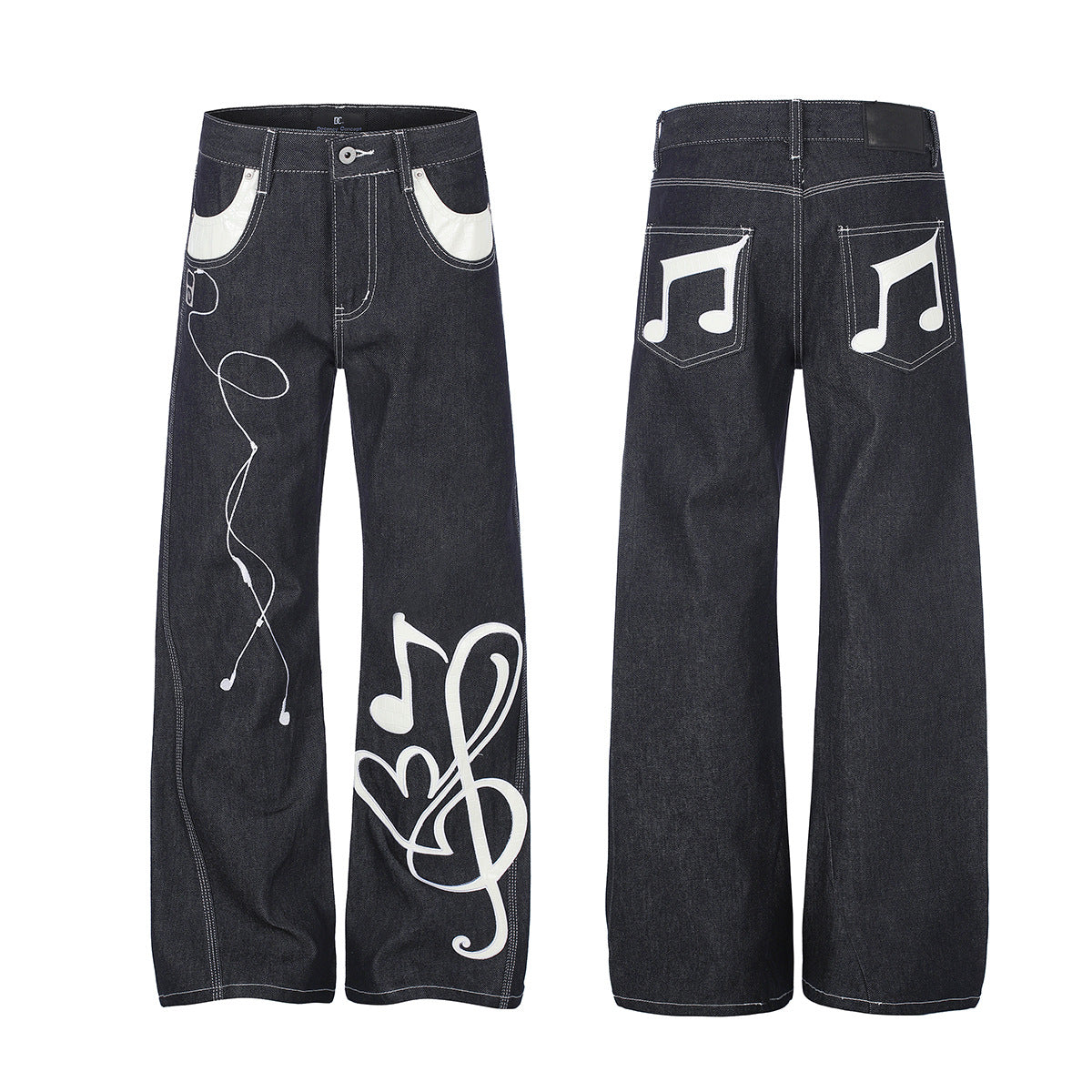 Jean baggy à jambes larges avec broderies et patch en cuir motif notes de musique — Denim noir brut
