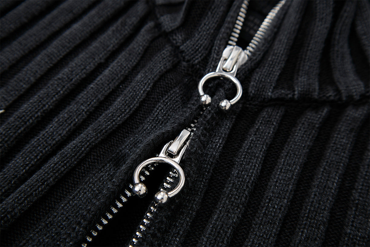 Ribbed Knit Mock-Neck Full-Zip Cardigan Sweater with Lightning Bolt Embroidery