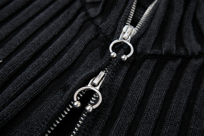 Ribbed Knit Mock-Neck Full-Zip Cardigan Sweater with Lightning Bolt Embroidery