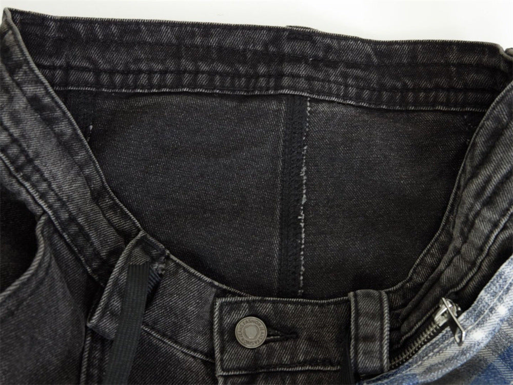 Wide-Leg Jeans with Detachable Plaid Skirt Overlay — Deconstructed Punk