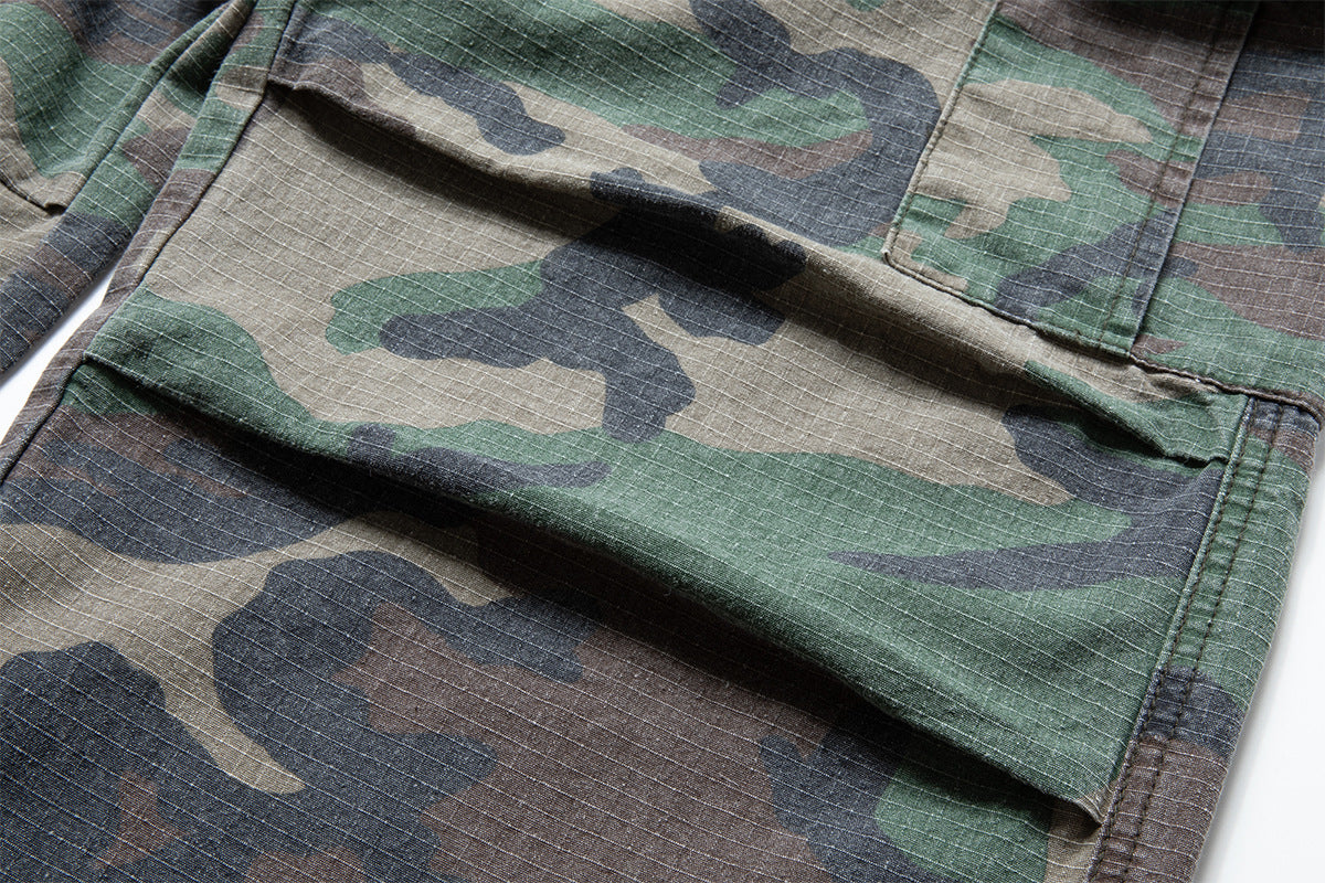 Woodland Camo Wide-Leg Cargo Pants – Washed Vintage Military Style
