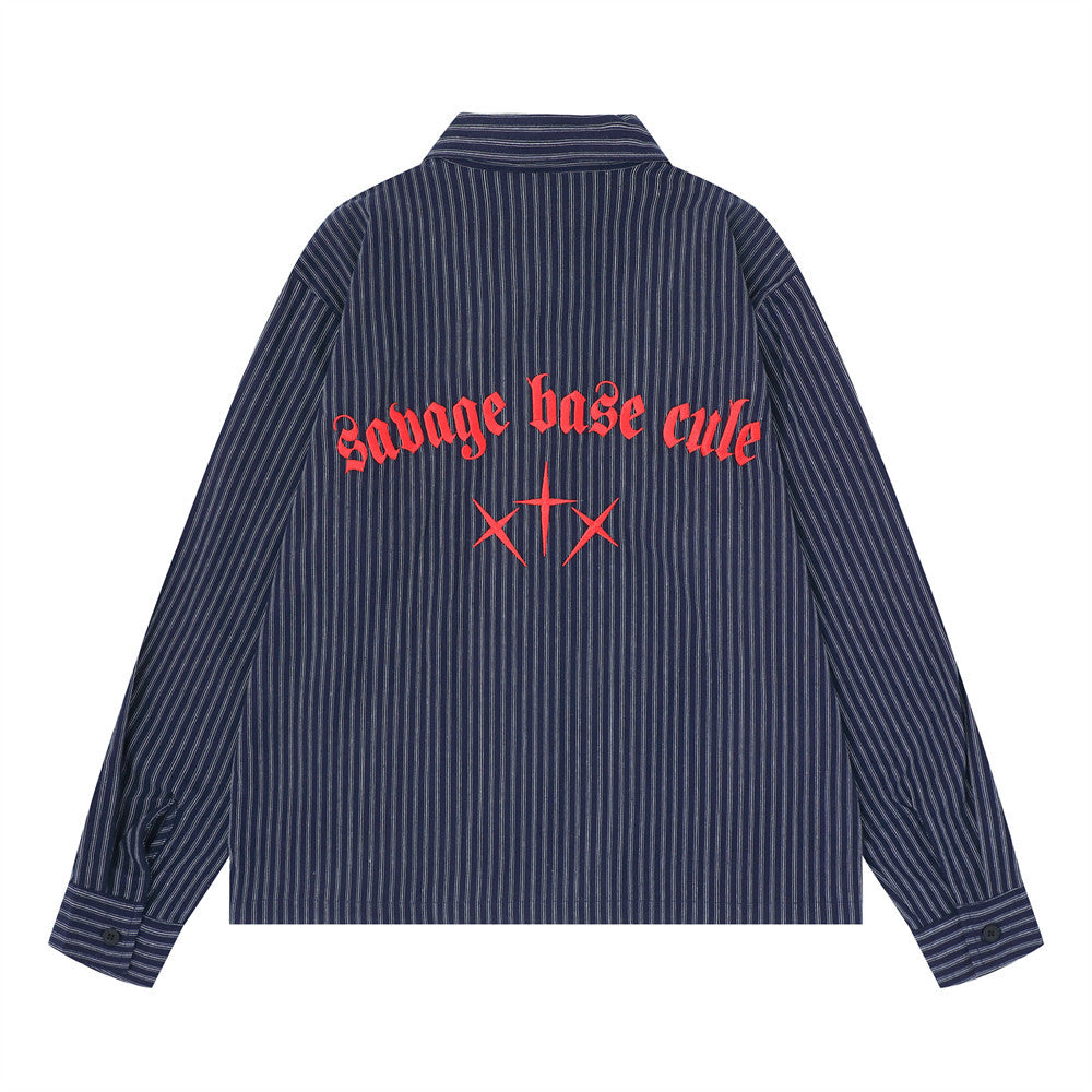 Striped Long Sleeve Shirt – Gothic Letter Embroidery, Relaxed Fit
