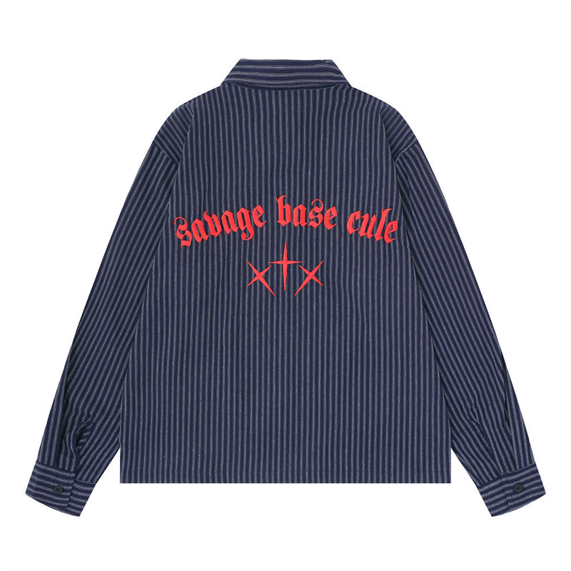 Striped Long Sleeve Shirt – Gothic Letter Embroidery, Relaxed Fit