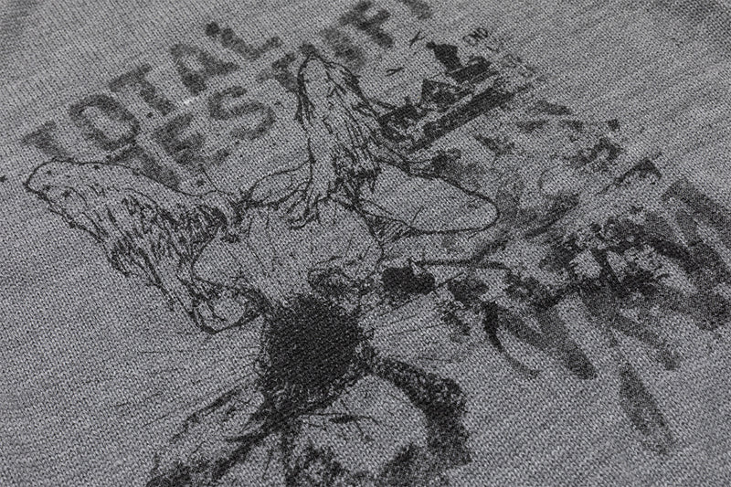 Distressed Graphic Knit Sweater – Raglan Ribbed Sleeve, Rock Print, Grey