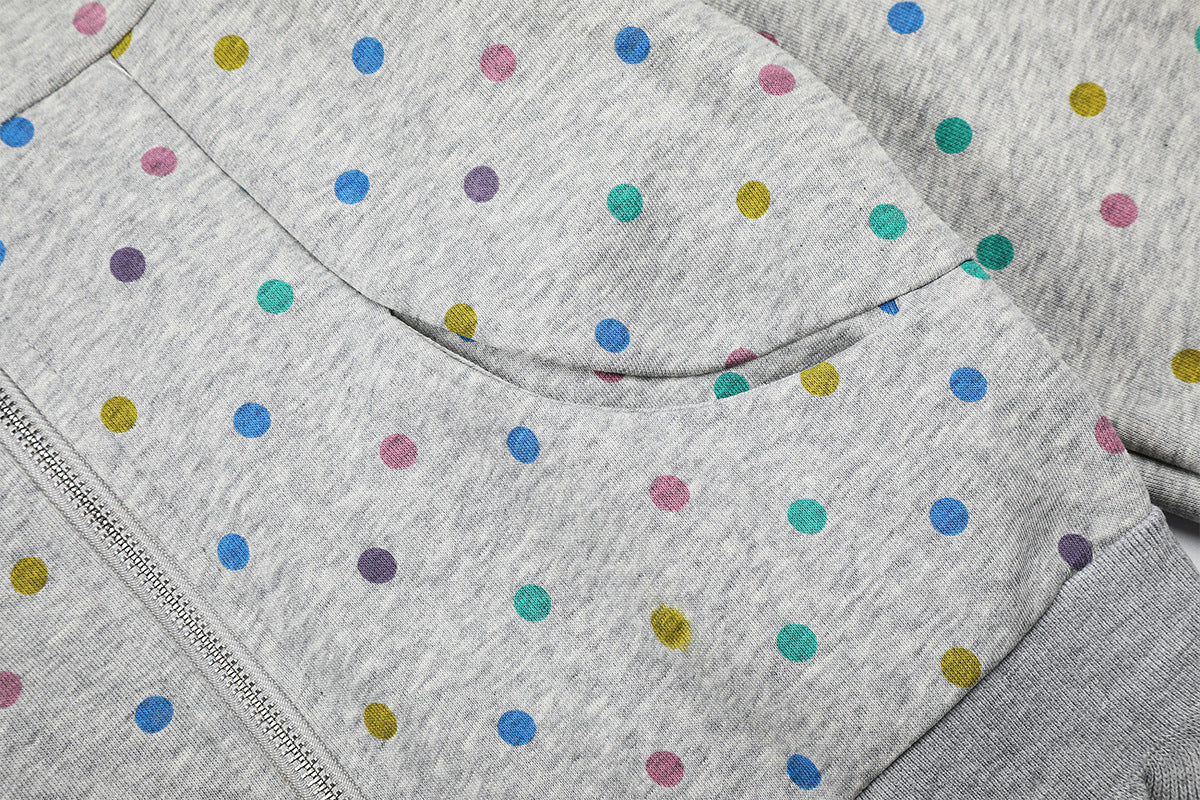 Sweat à capuche zippé pour femme – Sweat court gris à pois multicolores et volants