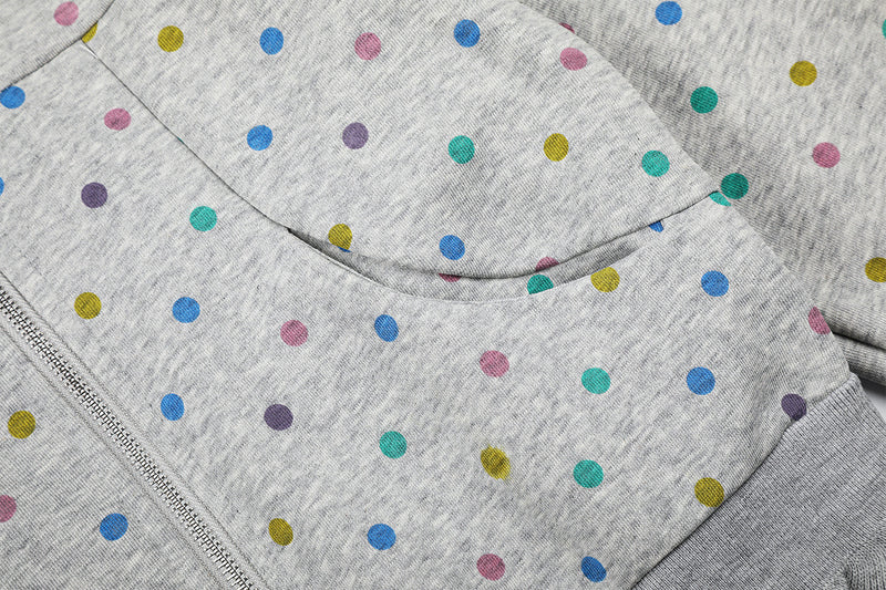 Sweat à capuche zippé pour femme – Sweat court gris à pois multicolores et volants