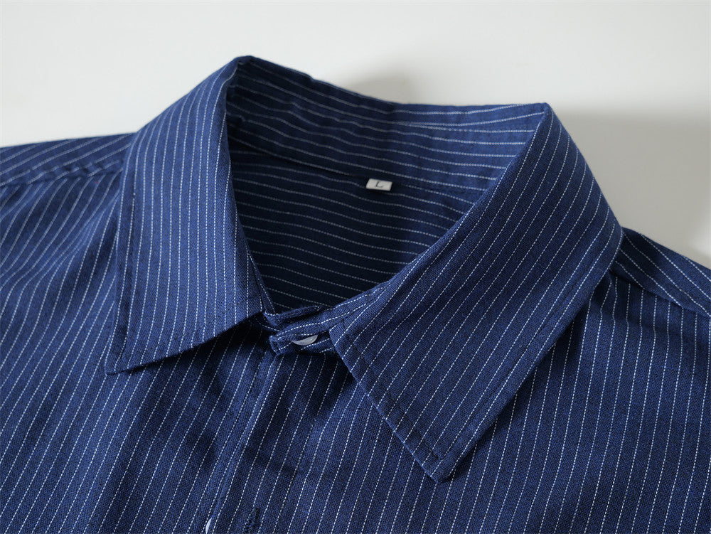 Men's Long Sleeve Striped Shirt with Embroidered Crest Pocket Detail