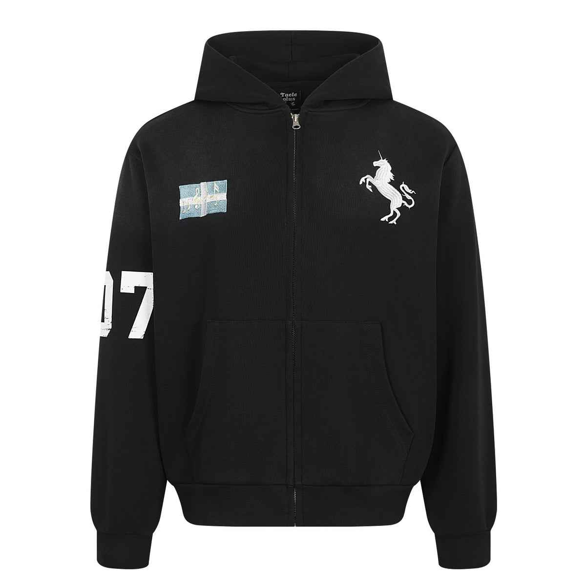 Zip-Hoodie mit aufgesticktem Einhorn und Badge-Patches – Gewaschener Farbverlauf
