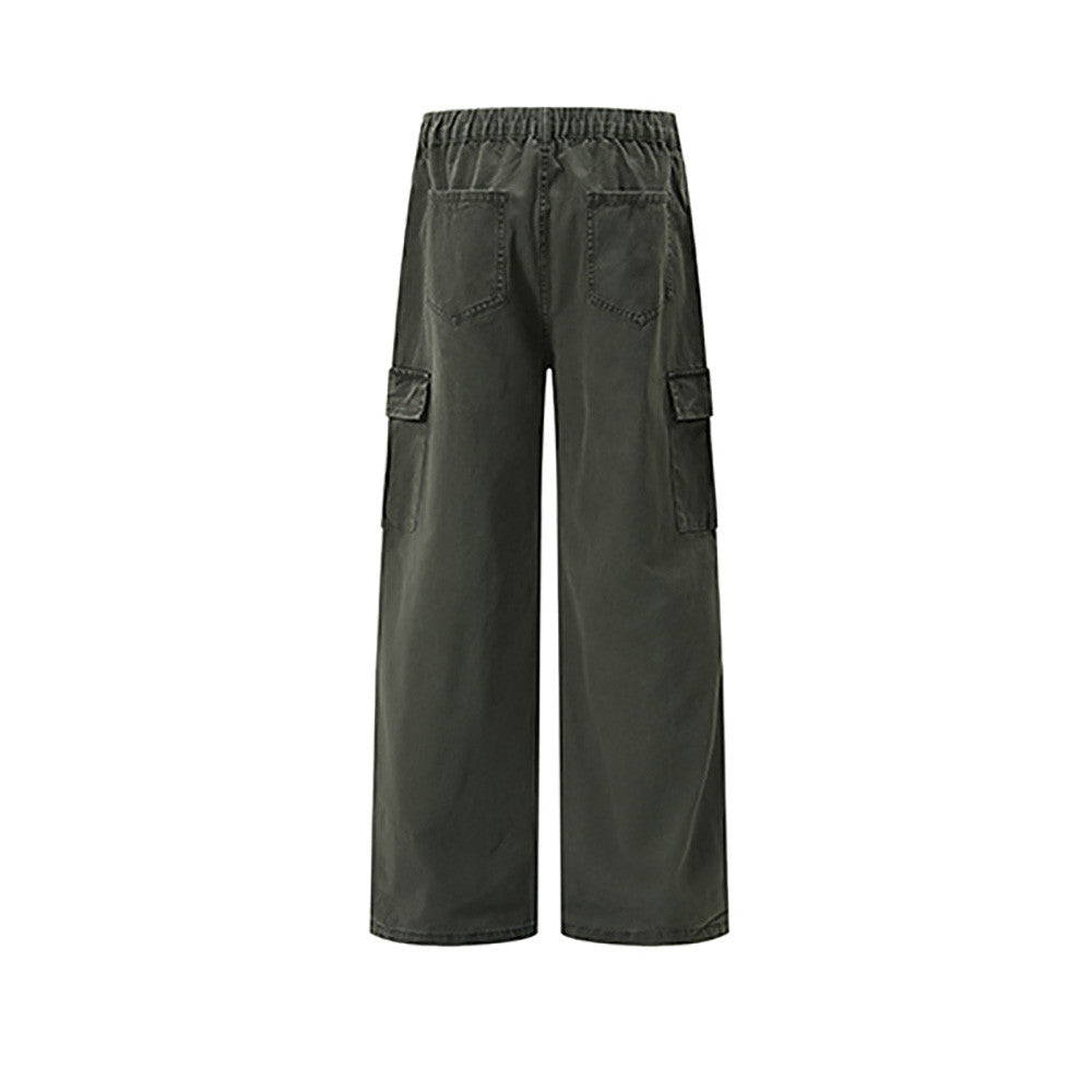 Dark olive cargo pants, back view with elastic waistband and rear pockets