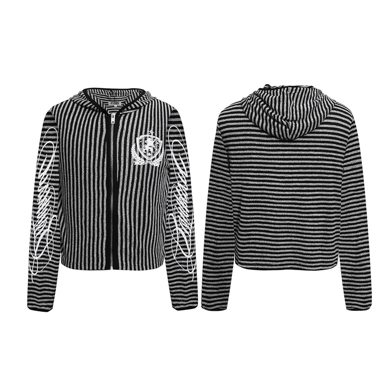 Striped Zip-Up Hoodie with Crest Embroidery & Sleeve Graphics