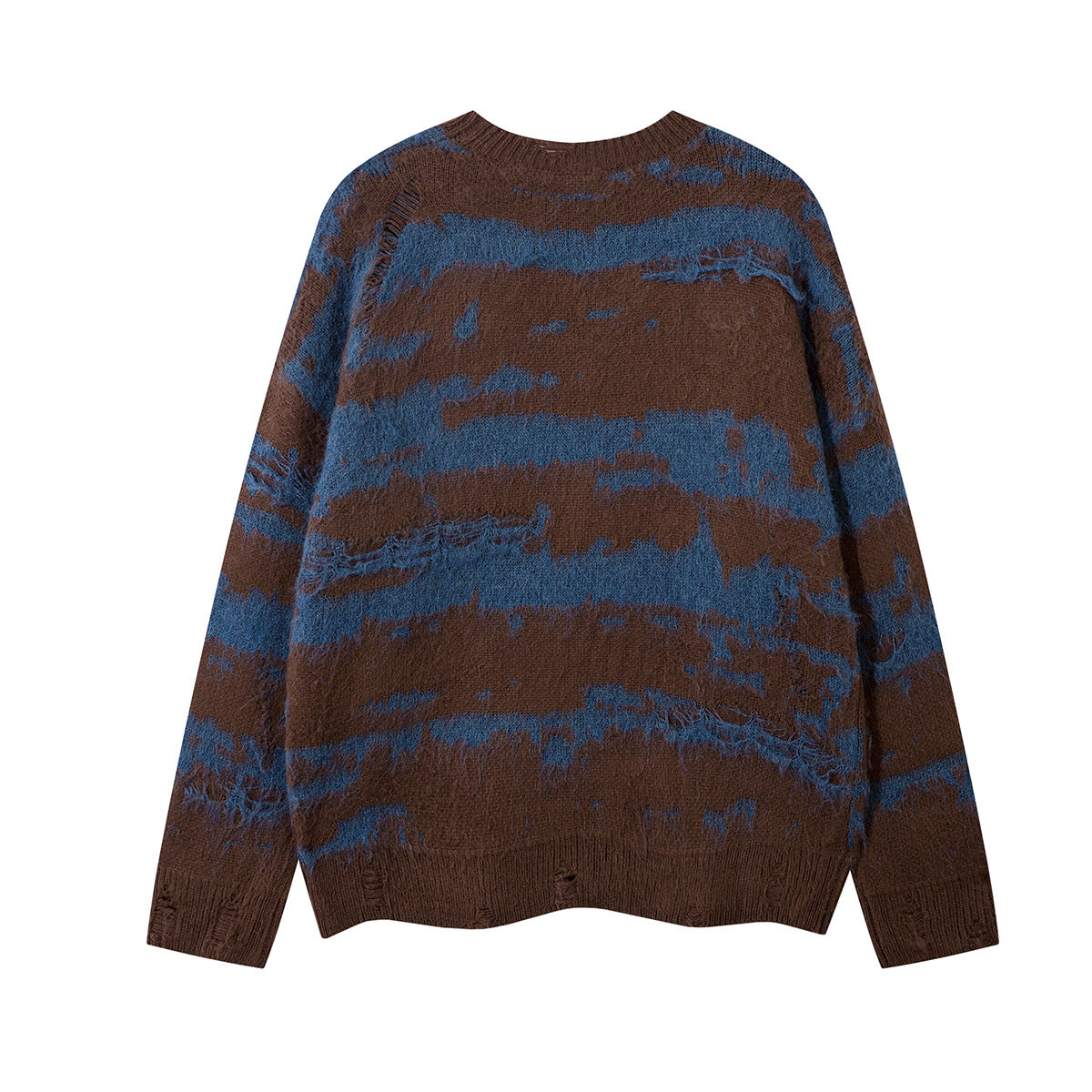 Back view of a brown and blue distressed stripe jacquard knit sweater with an oversized shape
