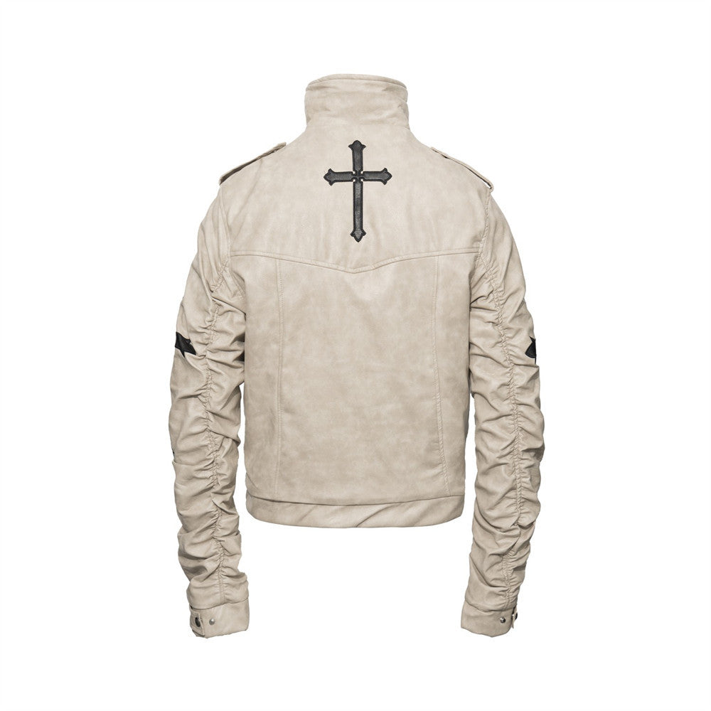 Gothic Cross Embroidered Padded PU Leather Moto Jacket – Double-Breasted Stand