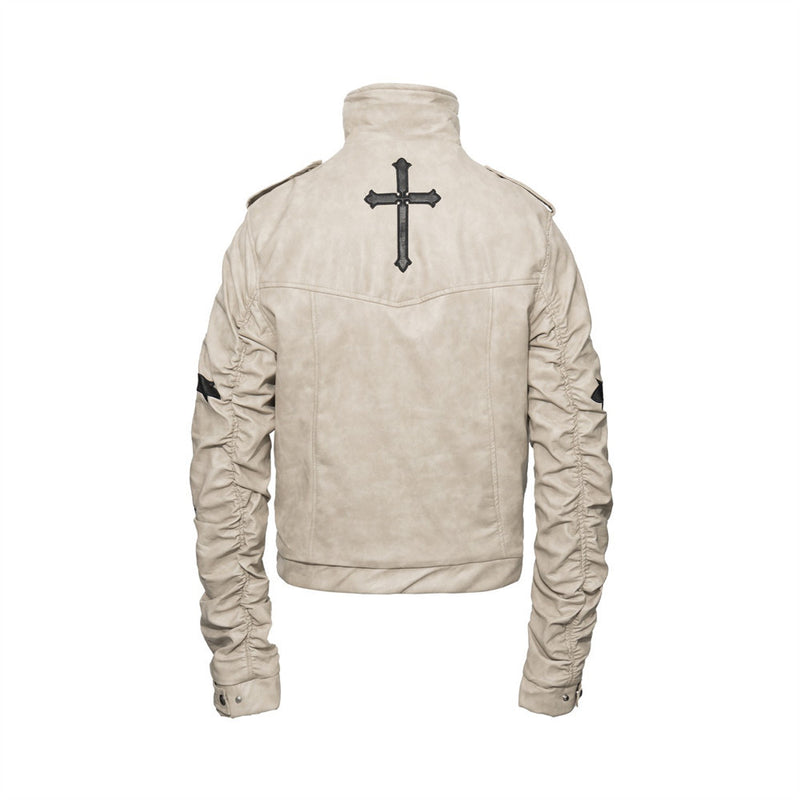 Gothic Cross Embroidered Padded PU Leather Moto Jacket – Double-Breasted Stand