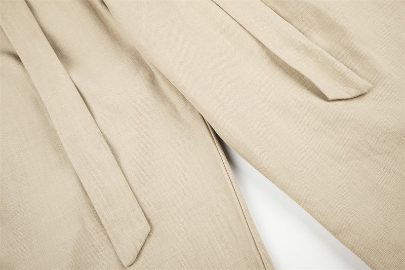 Wide-Leg Pleated Trousers with Button Fly and Belt Ties