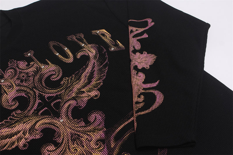 Black Graphic Long Sleeve Shirt – Dark Cross Flame Print Oversized Waffle Knit