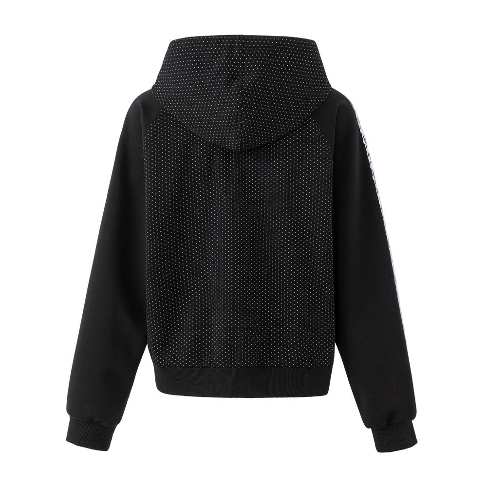 Men's Black Polka Dot Zip-Up Hoodie with Music Note Sleeve Tape