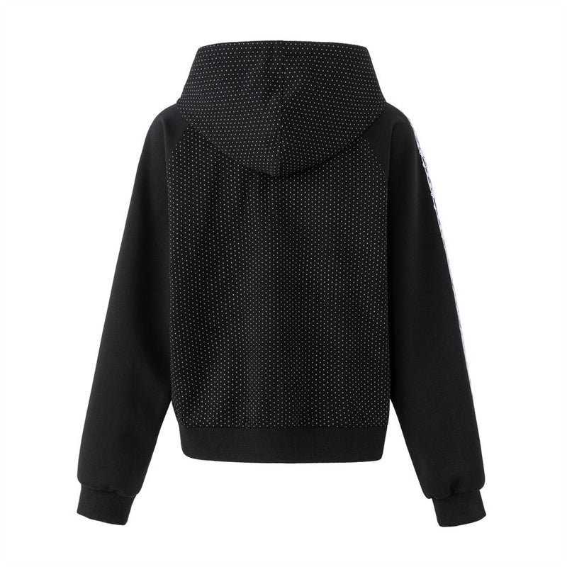 Men's Black Polka Dot Zip-Up Hoodie with Music Note Sleeve Tape