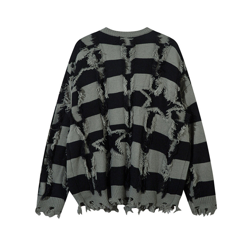 Pull oversize en maille rayée à étoiles délavée – Col rond à franges