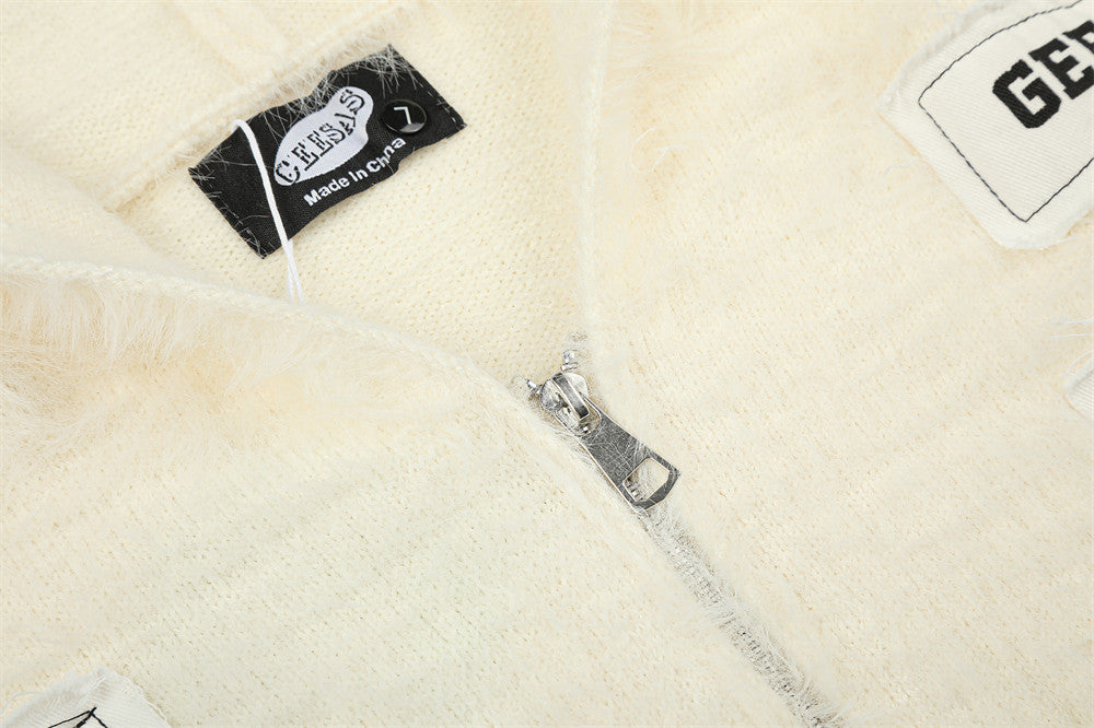 Fuzzy Knit Zip-Up Hoodie with Animal Patches – Streetwear Cardigan